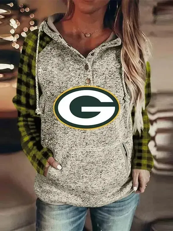 Women Long Sleeve Hooded Plaid Printed Sweatshirts Top