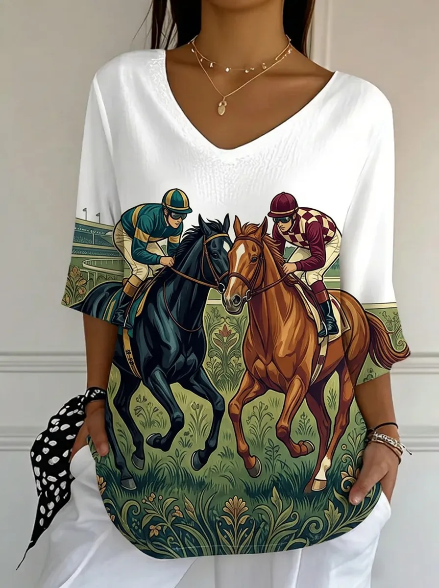 Women's Nashville Horse Racing Jockey Printed V-neck Top