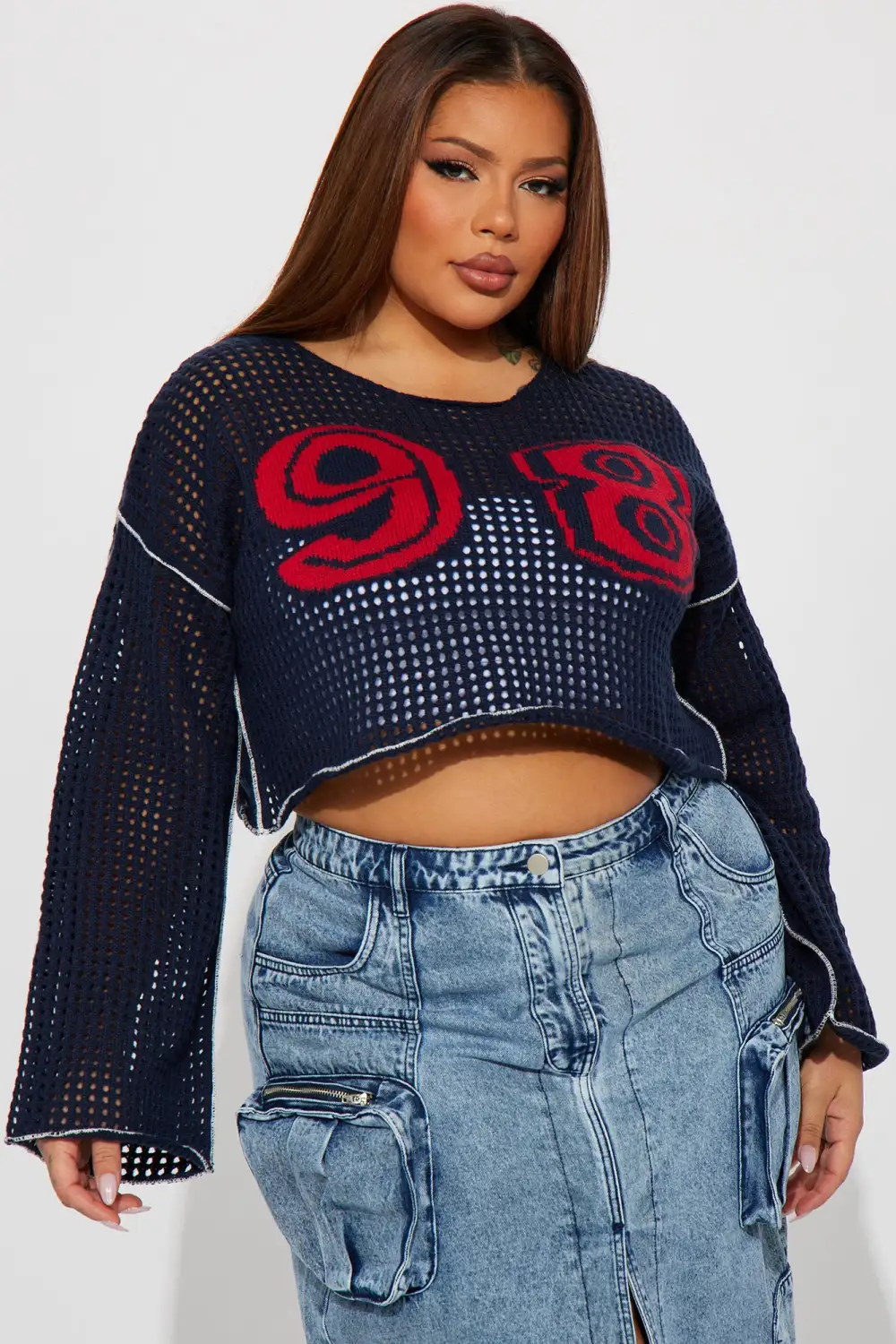 Varsity Crochet Sweater - Navy/Red