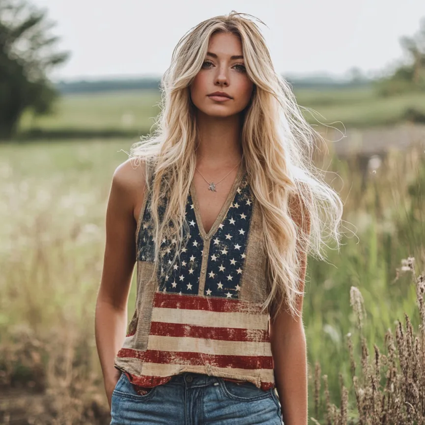 Women's Independence Day Flag Print Linen Sleeveless Top