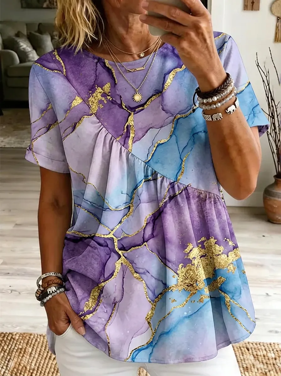 Women's Nashville Theme Purple Blue Marble Gold Foil Printed T-shirt