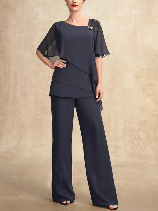Diagonal Neck Solid Color Top Trousers Set