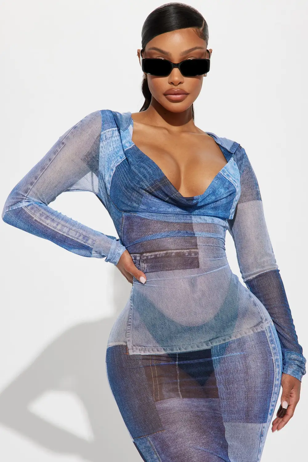 Dayna Hooded Mesh Maxi Dress - Denim