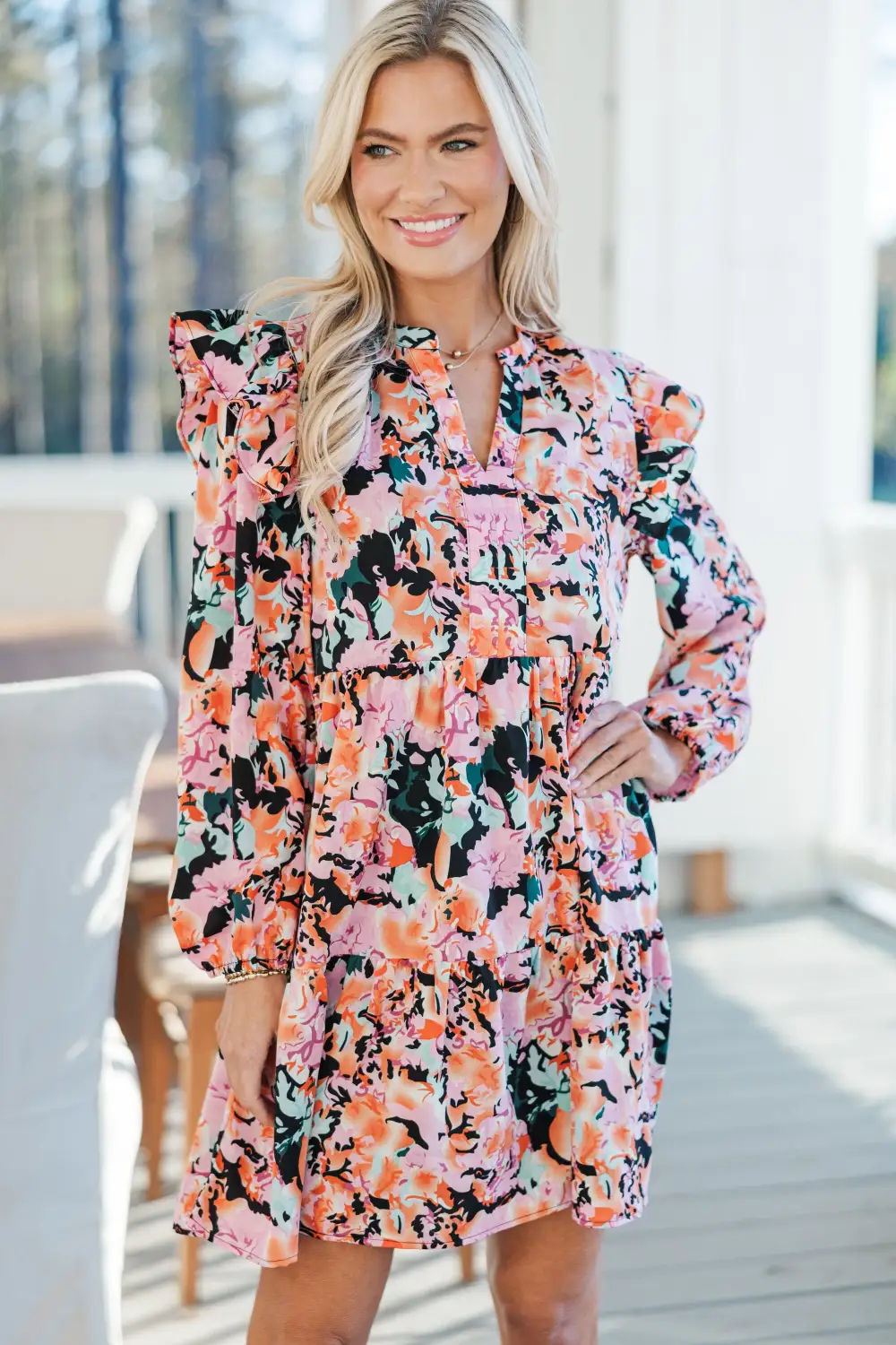 At This Time Fuchsia Pink Floral L/S Dress