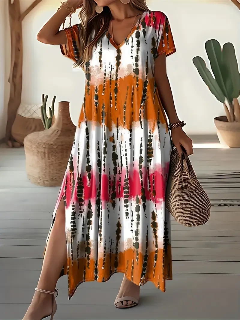 Plus Size Tie Dye Split Dress - Casual Short Sleeve V Neck Dress For Spring & Summer - Women's Plus Size Clothing - For Women Seeking Trendy & Comfortable Summer Outfits - Perfect Gift for Birthday & Vacation