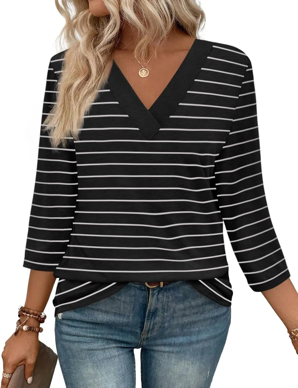 ⏰Hot Sale-Women's V Neck 3/4 Long Sleeve Tops Loose Fit Blouse