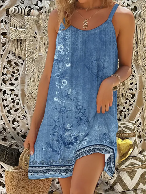 Elegant Floral Print Knee-Length Dress for Women, Polyester Sleeveless Beach Sundress with Strapless Collar, All-Season Loose Fit Knit Fabric, No Belt or Chest Pad