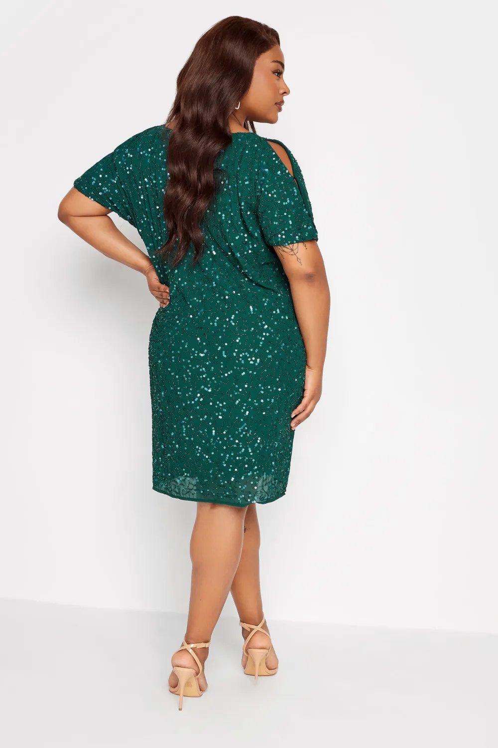 LUXE Curve Teal Green Sequin Hand Embellished Cape Dress
