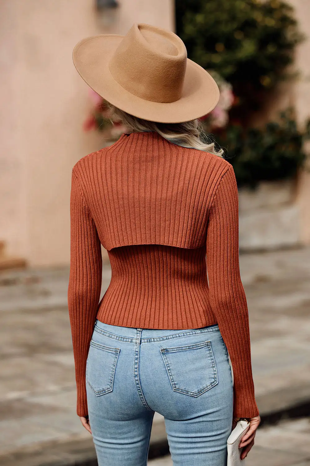 Two Piece Cutout Mock Neck Rib Knit Fitted Pullover Sweater