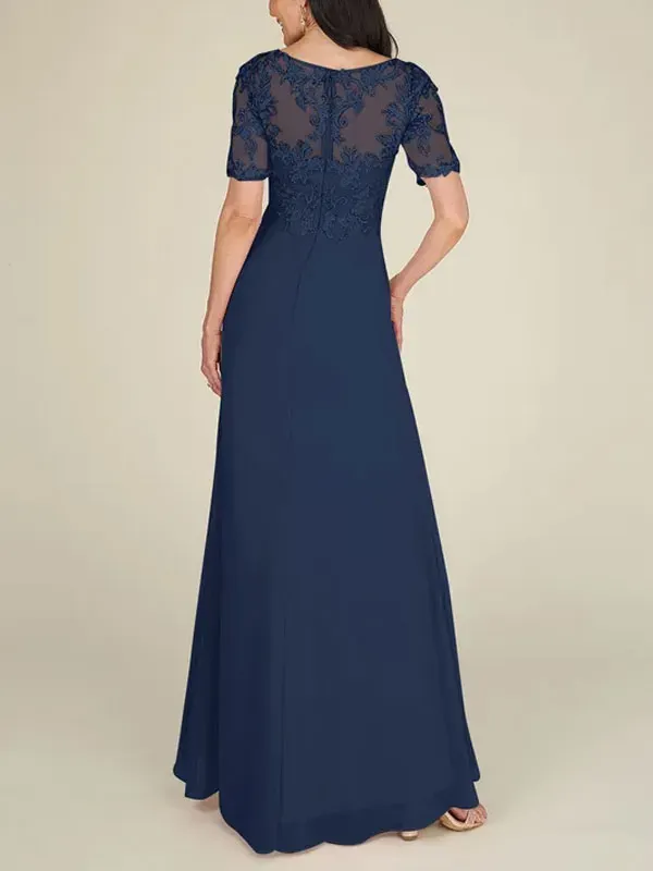 Floor-to-ceiling chiffon lace back zip bridal mom dress