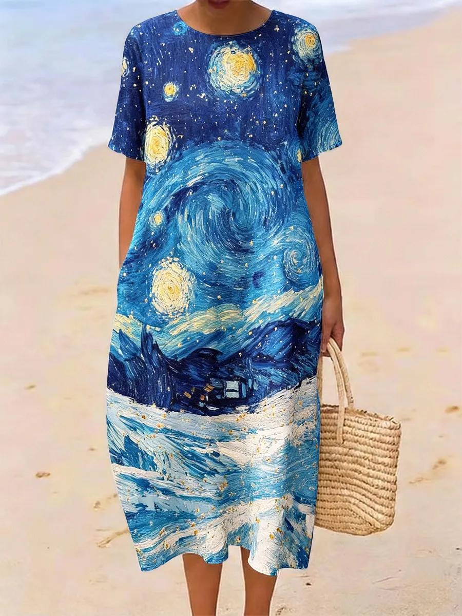 Women's Retro Famous Painting Starry Sky Oil Painting Dress