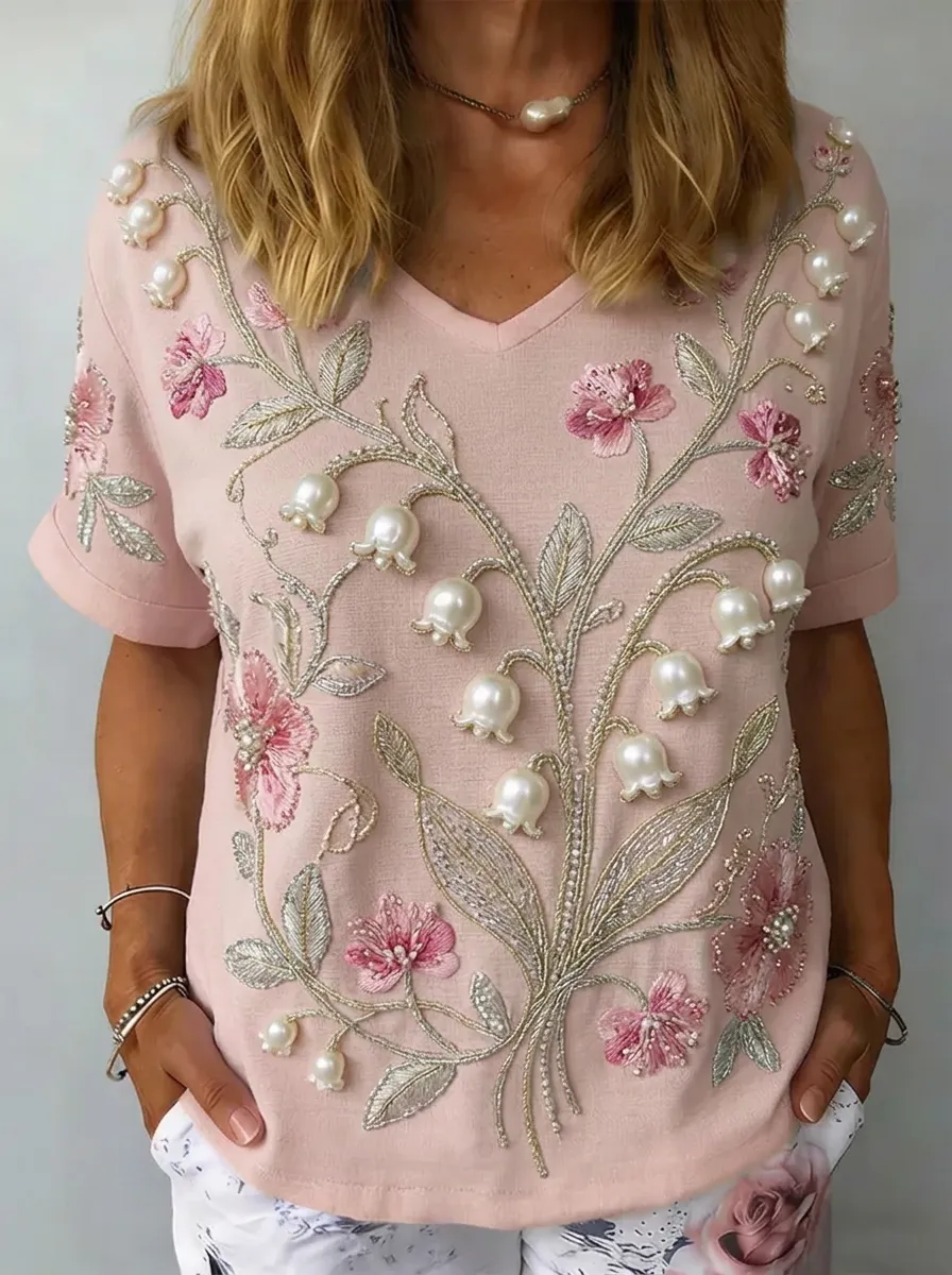 Women's Nashville Floral Lily of the Valley Pearl Embroidered Printed T-shirt