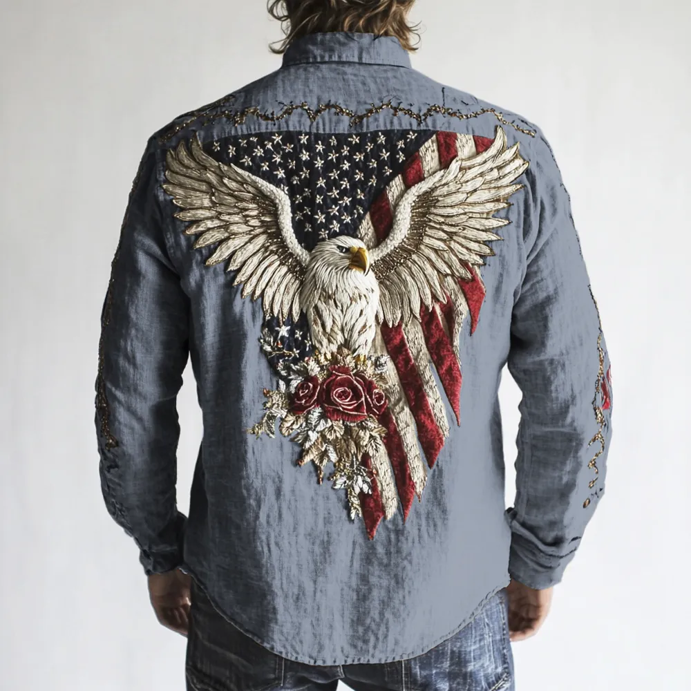 Western Style Flag & Bald Eagle Embroidered Art Men's Long Sleeve Shirt