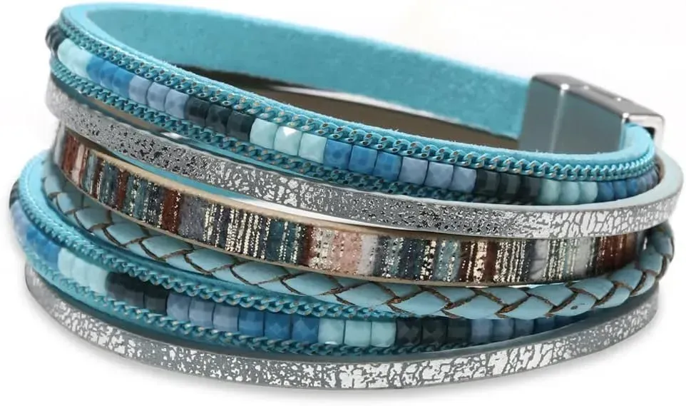 Fesciory Leather Wrap Bracelets for Women, Boho Leopard Multi-Layer Crystal Beads Cuff Bracelet Jewelry