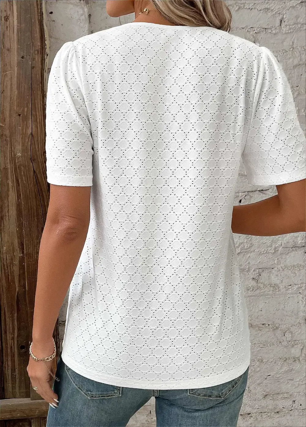 White Patchwork Short Sleeve V Neck Blouse