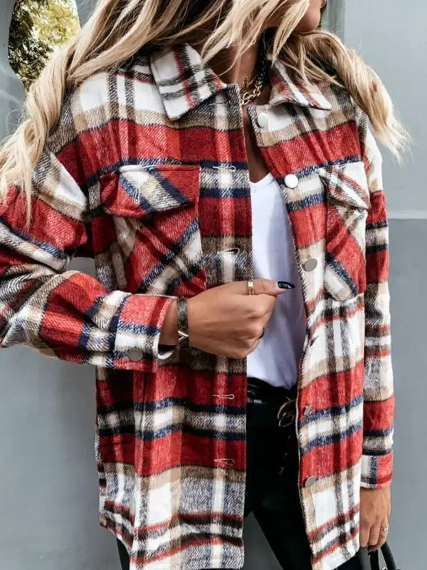 Long Sleeve Plaid Print Casual Jacket