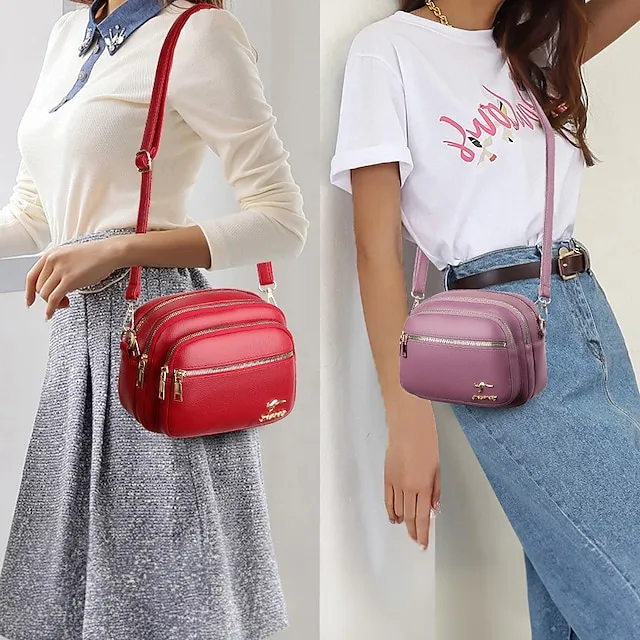 Women's Crossbody Bag Shoulder Bag Dome Bag PU Leather Shopping Daily Zipper Large Capacity Waterproof Lightweight Solid Color Black Red Purple