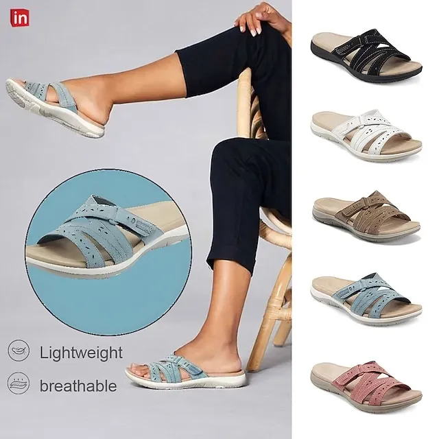 Women's Sandals Slippers Boho Bohemia Beach Flat Sandals Outdoor Slippers Daily Beach Summer Wedge Heel Classic Casual PU Solid Color Black White Pink