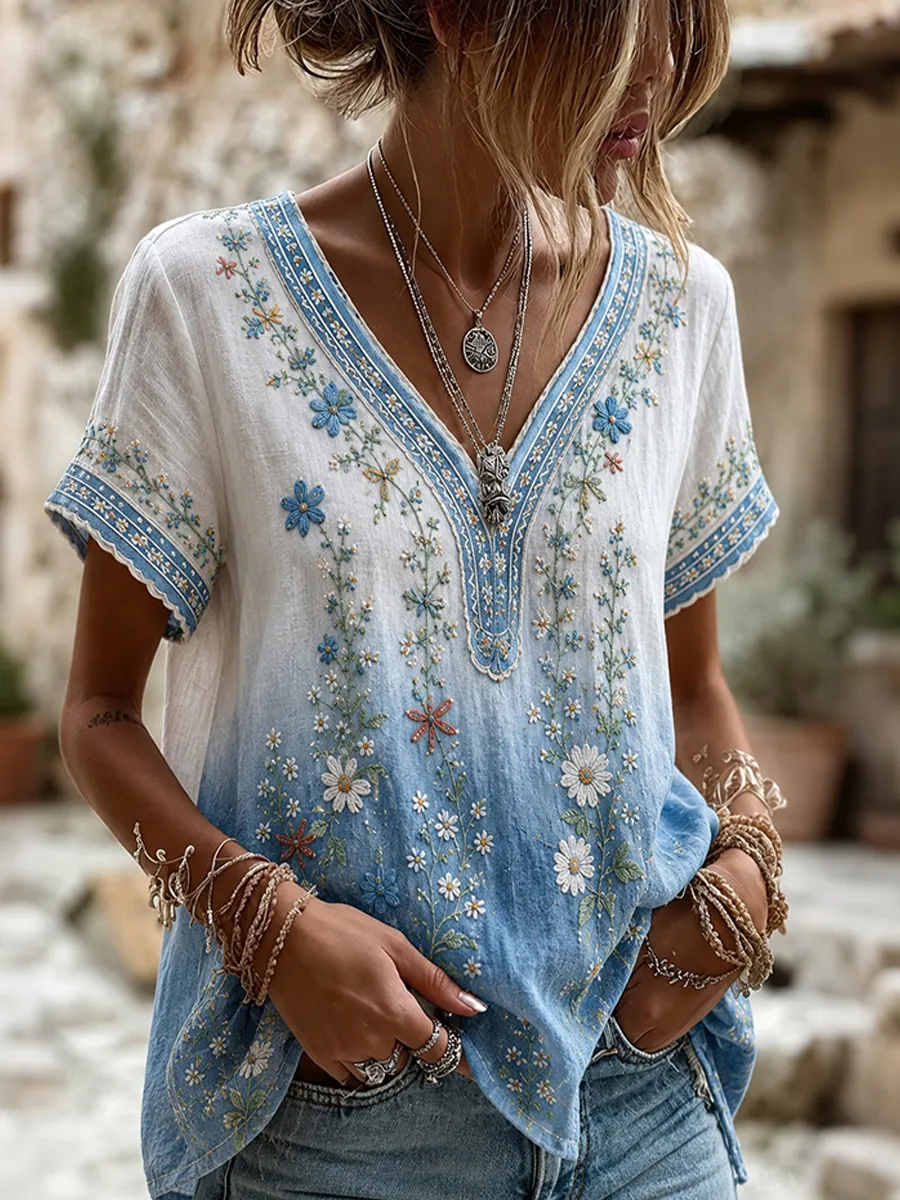 Women's Retro Floral Embroidered Art Pattern V Neck T-shirt