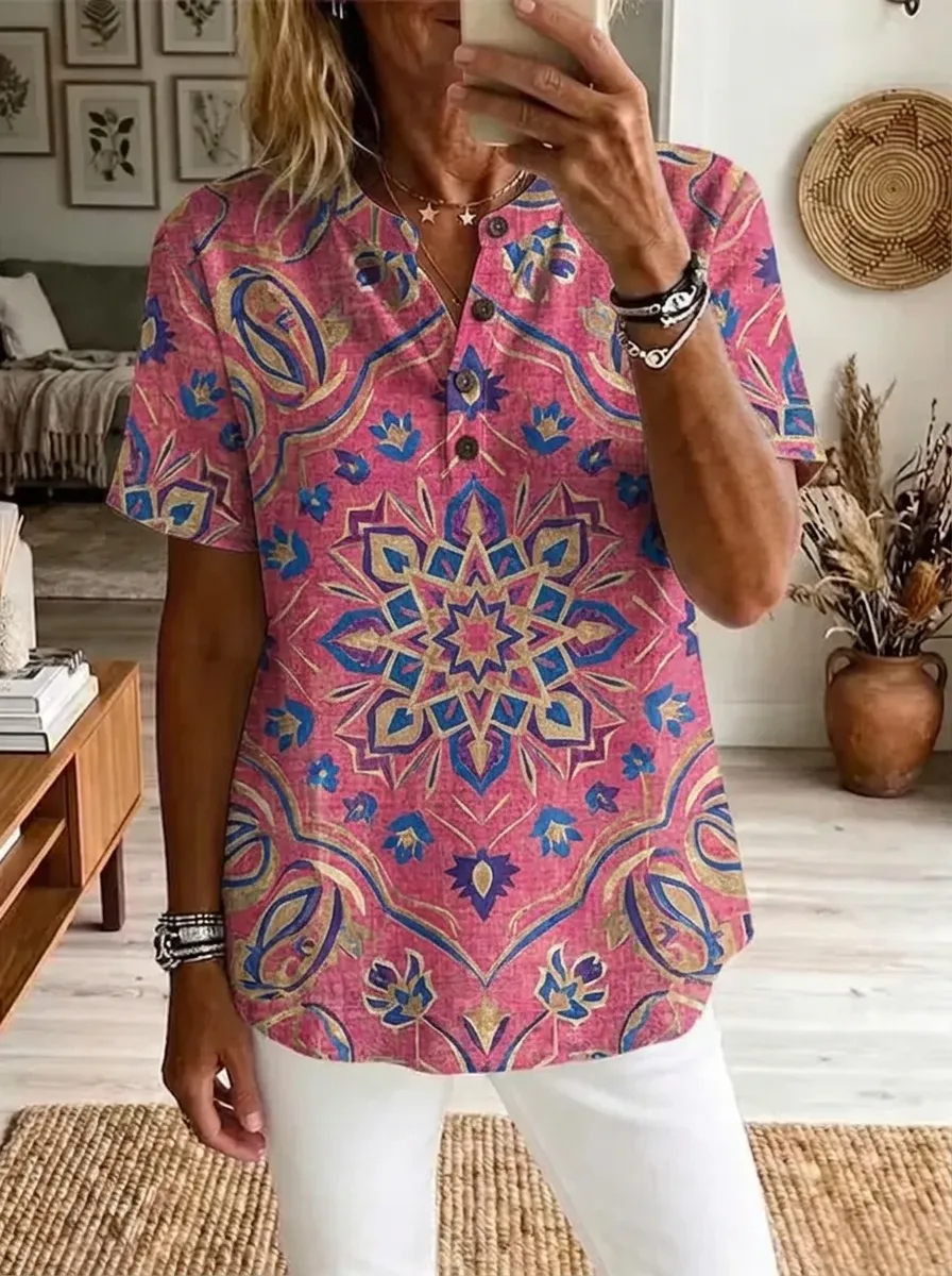 Women's Nashville Boho Mandala Printed Henley Shirt