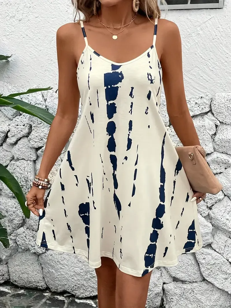 Tie Dye Spaghetti Strap Dress - Vacation Style Sleeveless Slip A-line Dress For Spring & Summer - Women's Clothing - For Women - Perfect for Casual Outings, Beachwear & Vacations - Ideal Gift for Summer Birthdays