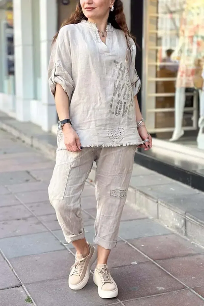 Women's casual letter printed cotton and linen top + pants set