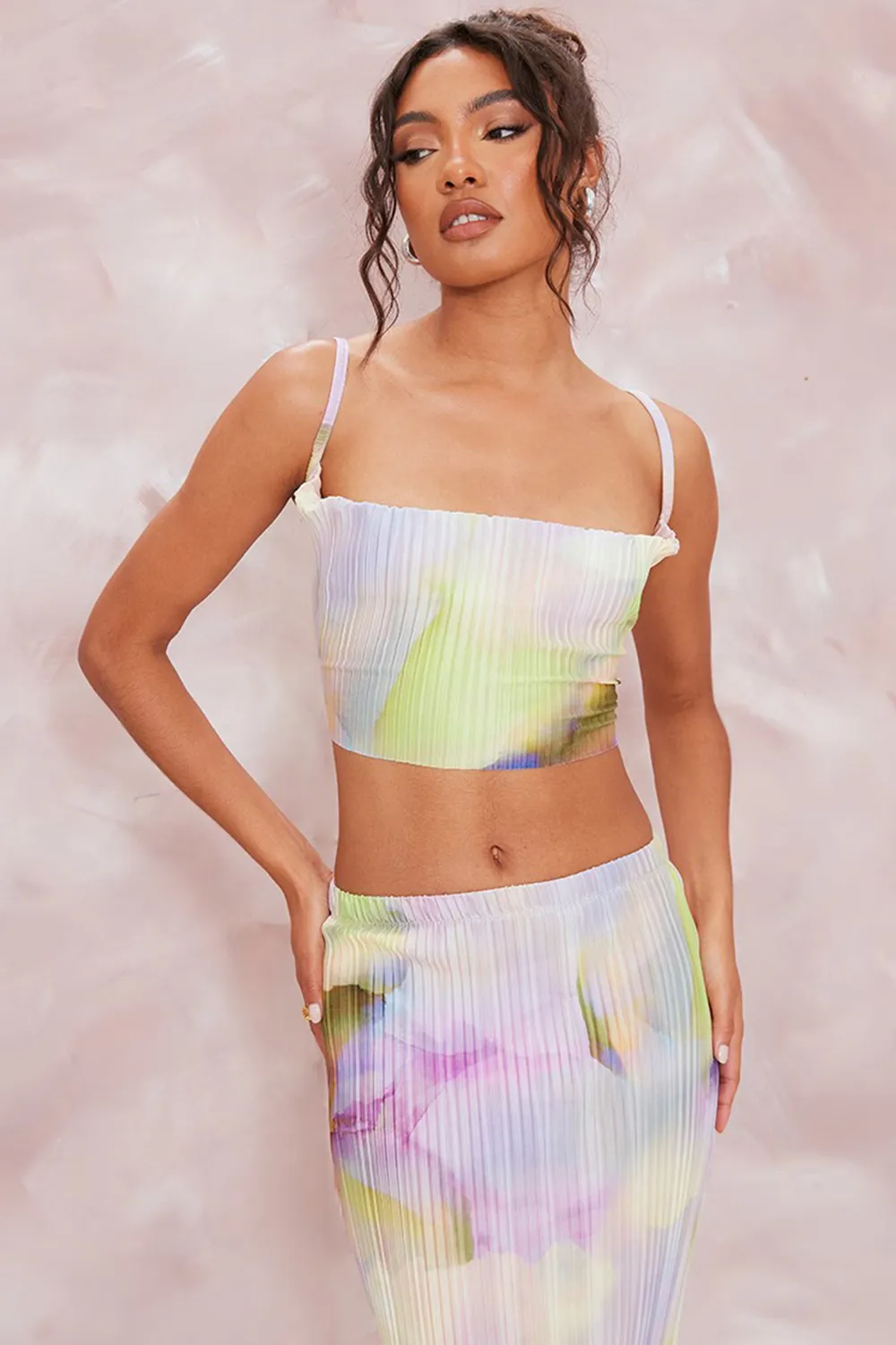 Multi Watercolour Print Plisse Strappy Cowl Neck Top And Skirt Set