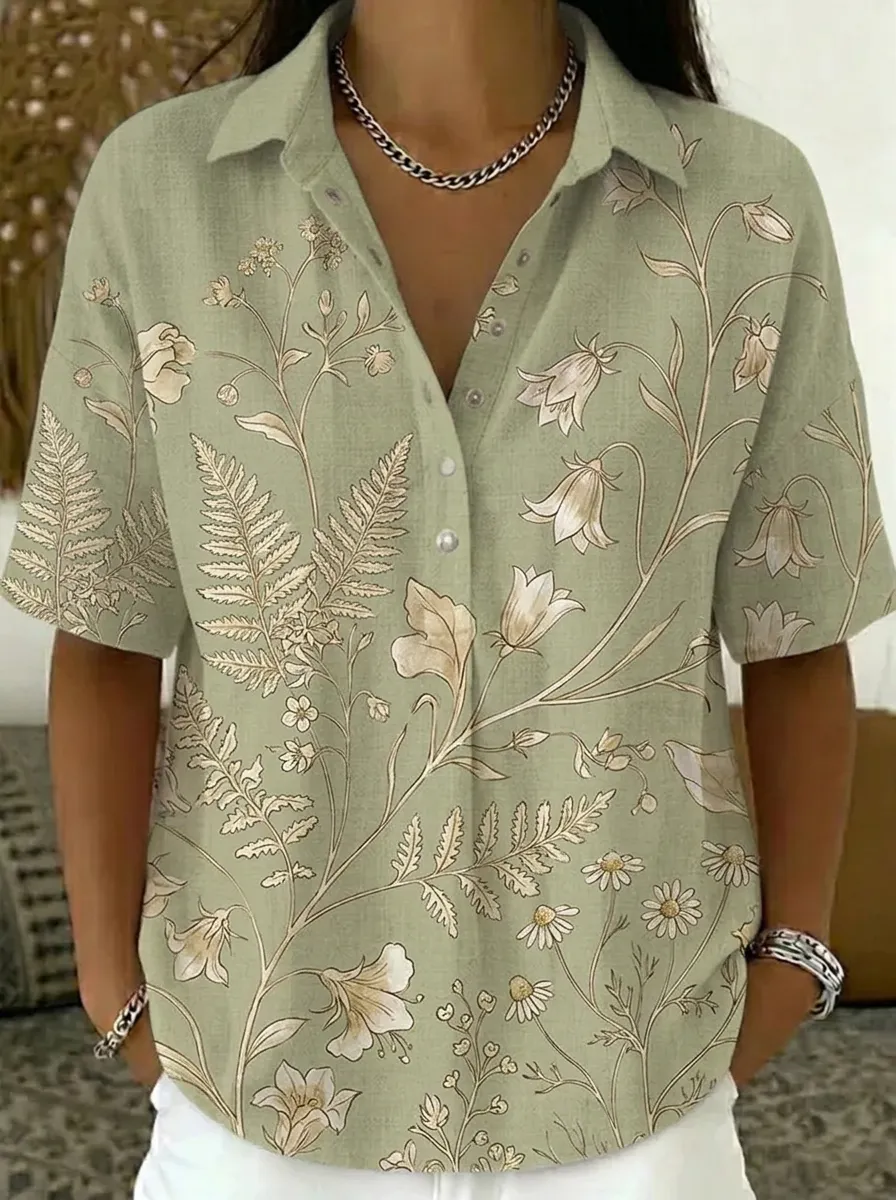 Women's Nashville Botanical Fern Floral Printed Button-Up Shirt