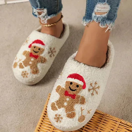 Christmas Beige Closed Toe Falt Slippers