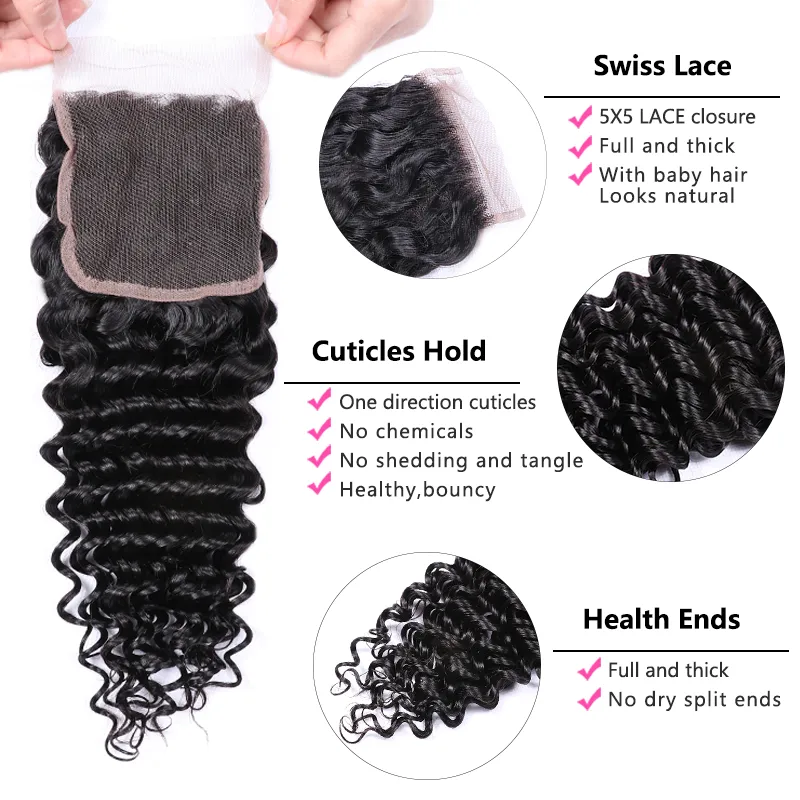 Sterly Deep Wave Bundles With 5x5 Lace Closure Human Hair Bundles With Closure