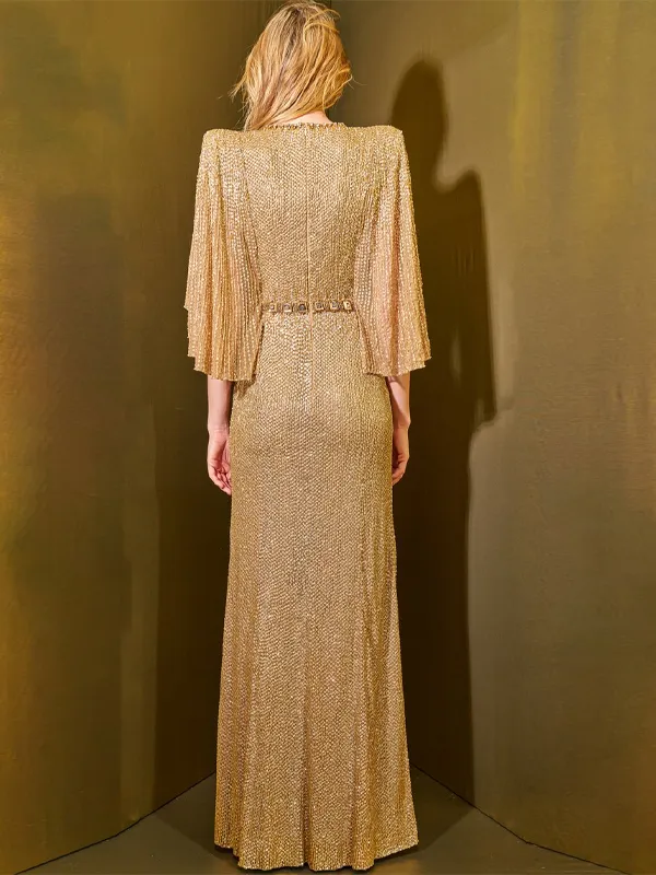 Round Neck Sequined Solid Color Maxi Dress