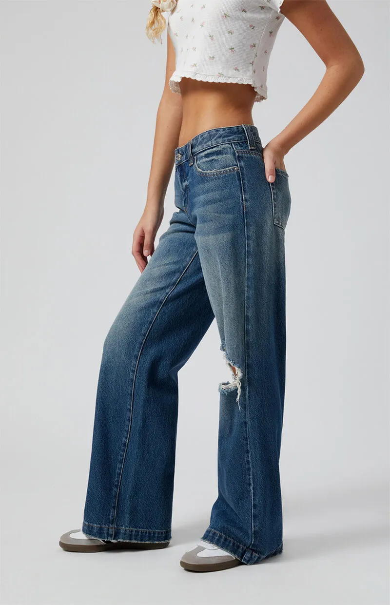 PacSun Casey Ripped Knee Low Rise Baggy Jeans Medium Indigo