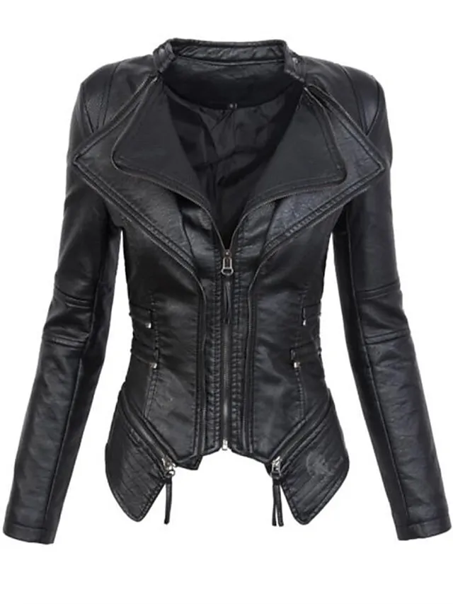 Women's Faux Leather Jacket Waterproof Warm Outdoor Street Daily Going out Zipper Pocket Zipper Turndown Active Fashion Casual Solid Color Regular Fit Outerwear Long Sleeve Fall Winter Black M L XL