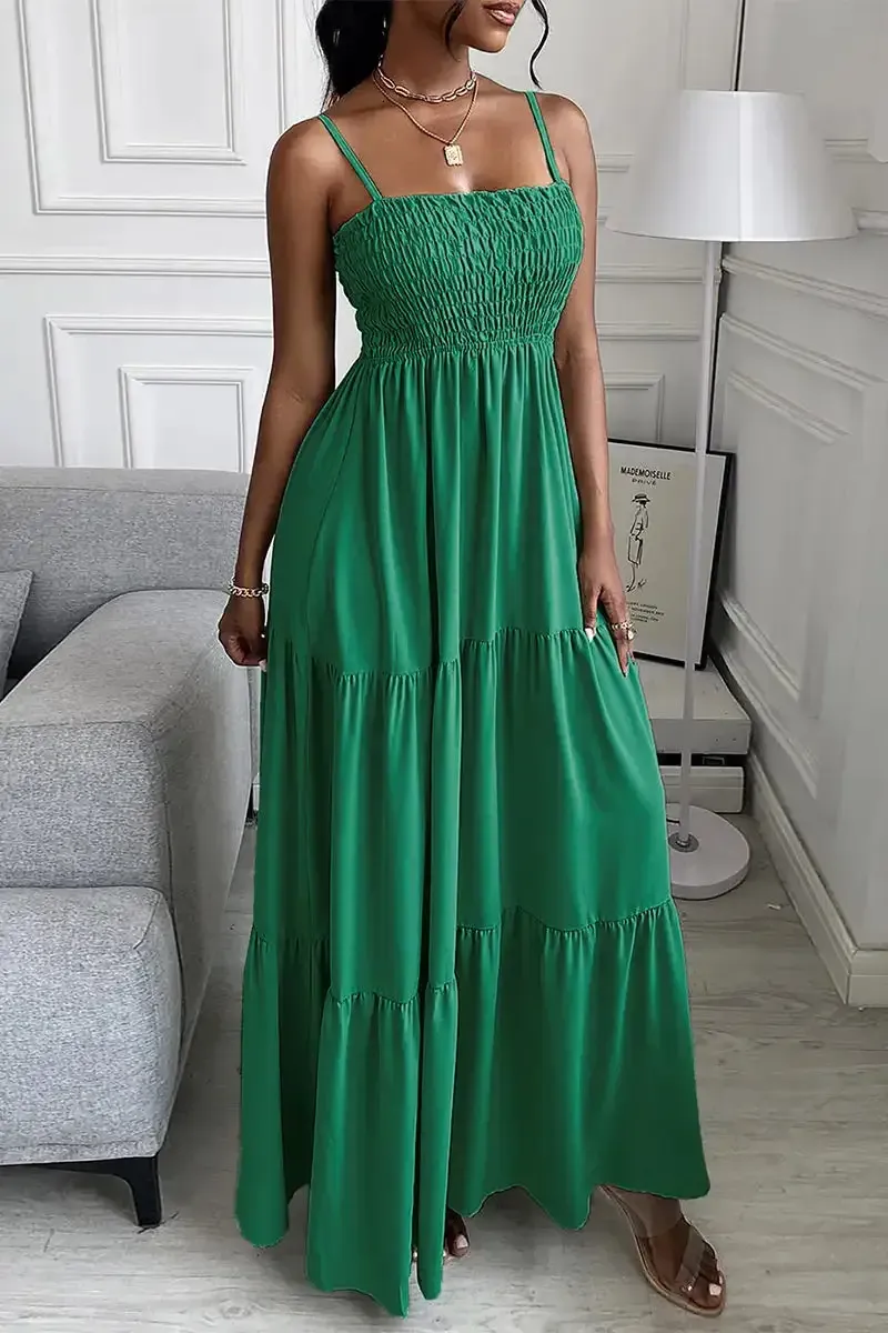 Sleeveless Spaghetti Strap Smocked Tiered Maxi Dress