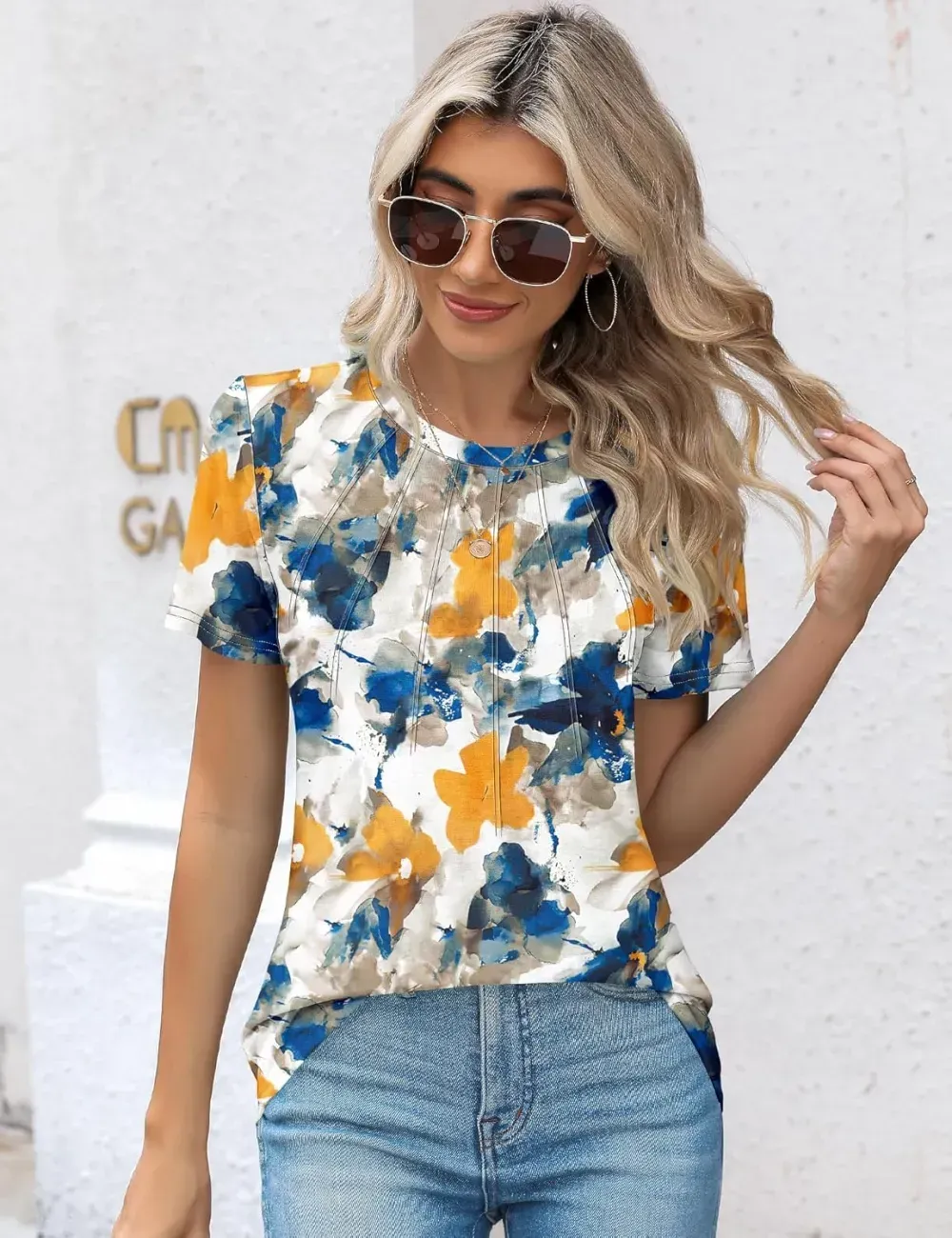 Kistore Womens Casual Crew Neck Short Sleeve Pleated Tops Blouses Fashion Clothes 2024