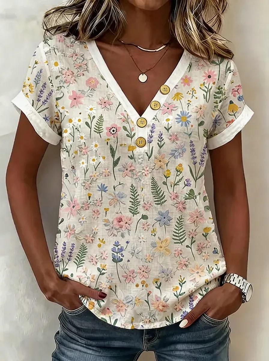 Women's Nashville Floral Botanical Printed V-Neck Button Top