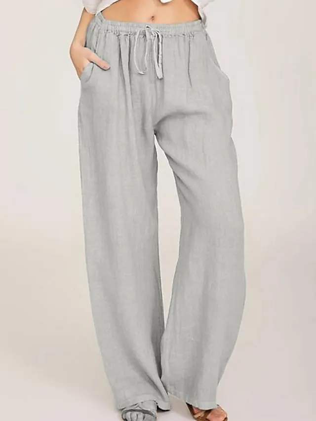 Women's Basic Essential Classic Culottes Wide Leg Chinos Drawstring Pants Casual Inelastic Solid Colored Faux Linen Lightweight Mid Waist Loose Black Blue Gray Dusty Blue S M L XL XXL