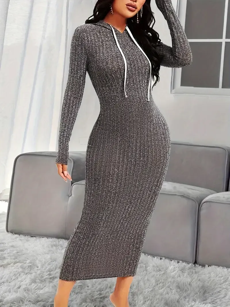 Hooded Knitted Lounge Dresses, Long Sleeve Elastic Home Dress, Women's Loungewear & Dresses