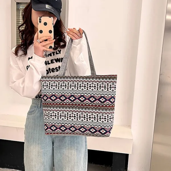 Women's Tote Shoulder Bag Canvas Tote Bag Canvas Shopping Daily Zipper Large Capacity Foldable Lightweight Striped Patchwork Folk Red stripes Red square Black square