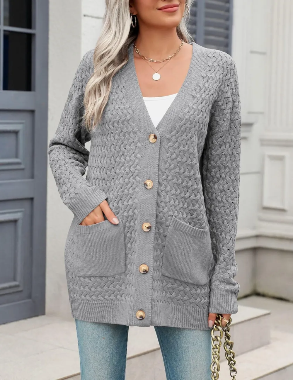 Womens 2024 Long Sleeve Chunky Cable Knit Fall Cardigans Sweaters Button Down Open Front Outerwear with Pockets