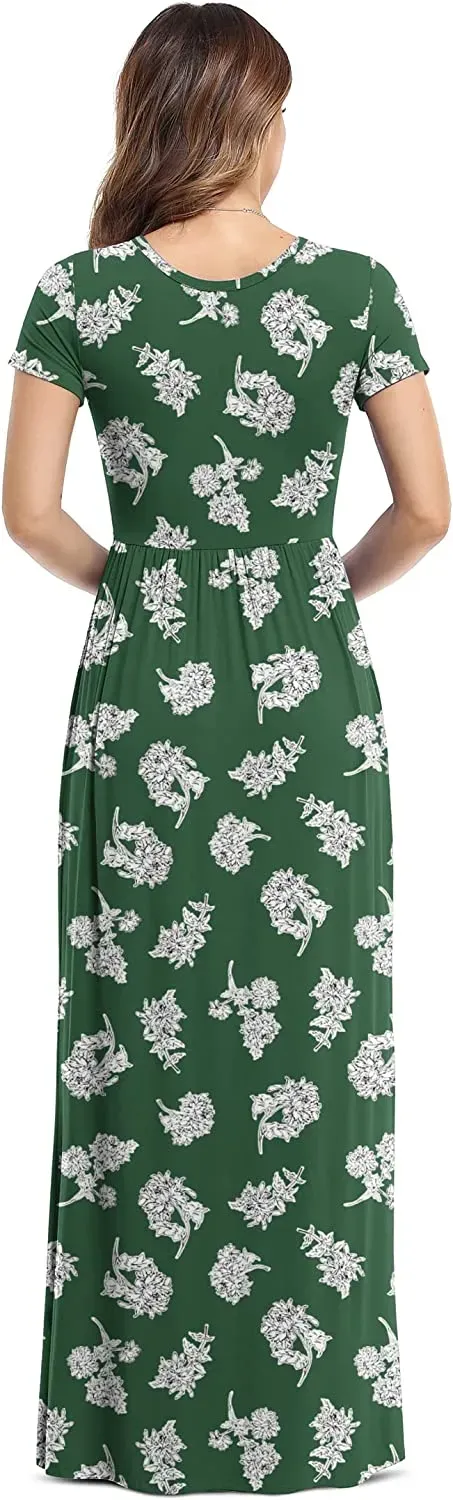 Women's Short Sleeve Loose Plain Maxi Dresses Casual Long Dresses with Pockets