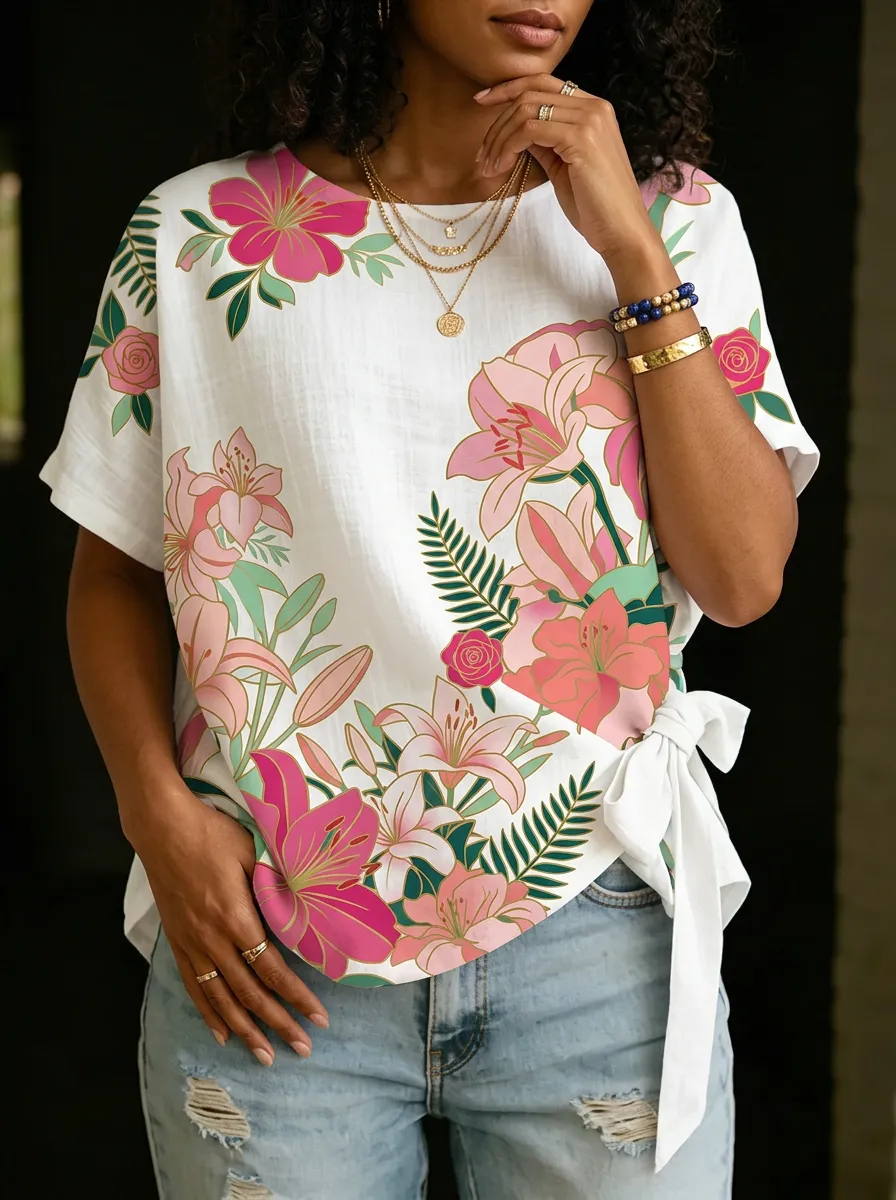 Women's Nashville Floral Lily Botanical Printed Tie-Side Top