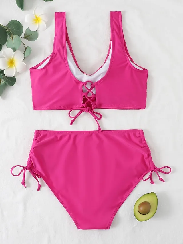 Women's Swimwear Bikini 2 Piece Normal Swimsuit Pleated 2 Piece High Waist Open Back Sexy Pure Color Black Red Fuchsia Green Padded V Wire Bathing Suits Sexy Vacation Stylish