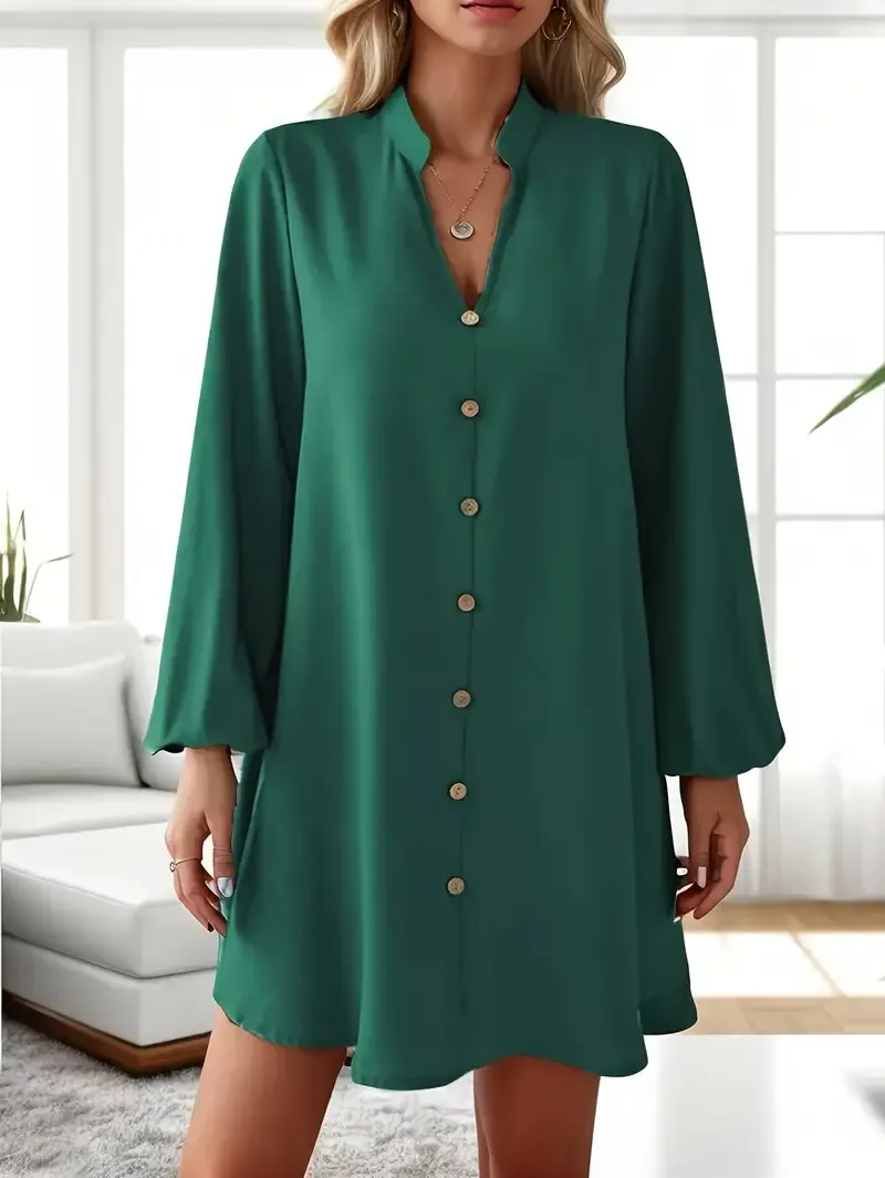 Chic Solid Color V-Neck Long Sleeve Dress
