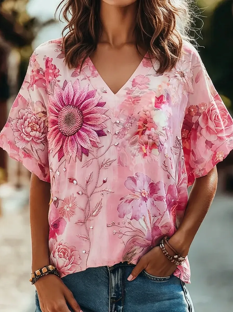 Women's Nashville Sunflower Floral Printed V-neck Top