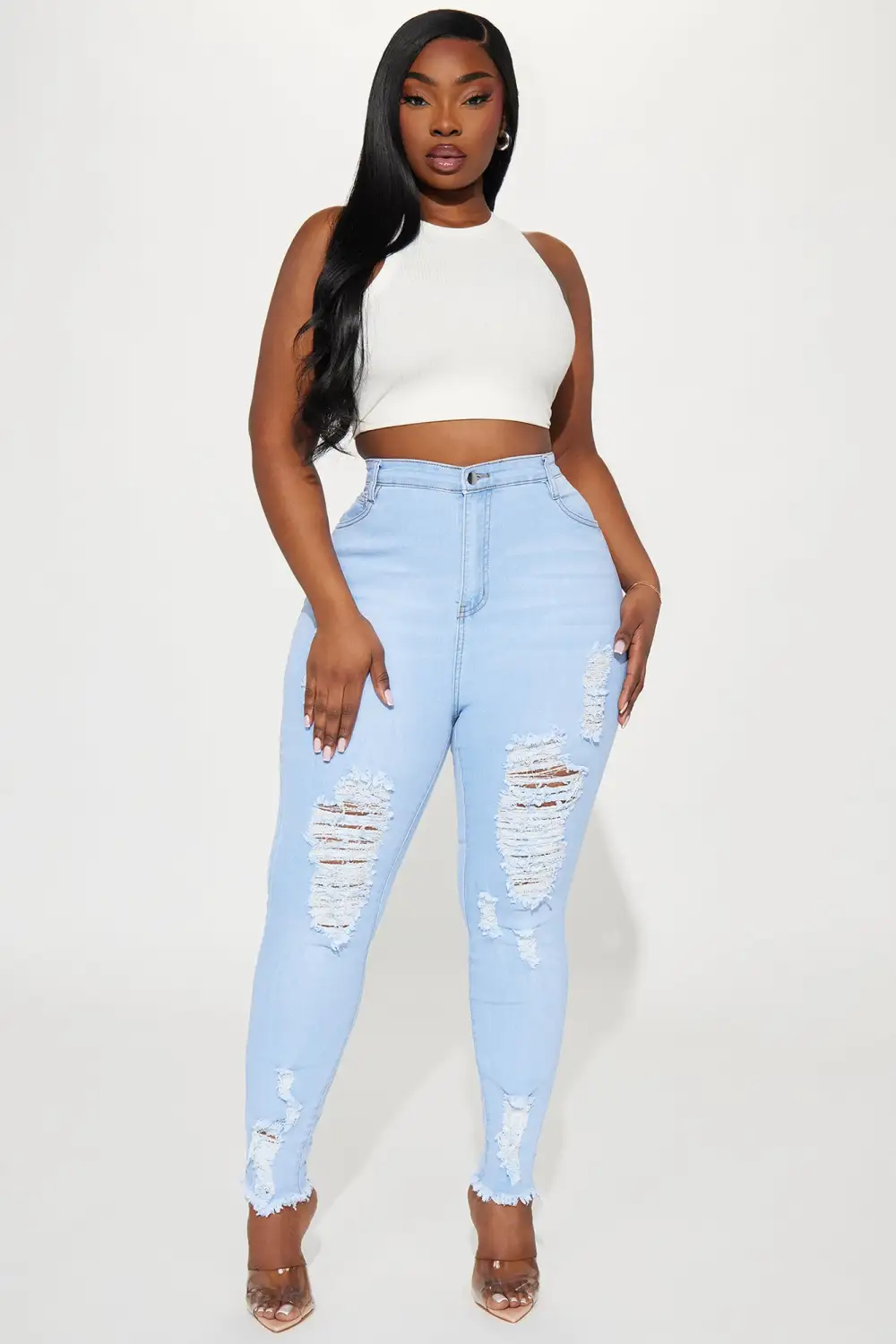 Kenley Distressed HIgh Rise Skinny Jeans - Light Blue Wash