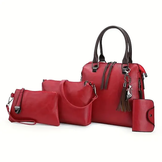 Boston Women's Handbag Set-PU Leather Shopping Bag-Zipper Adjustable Large Capacity Waterproof Bag-Set of 4