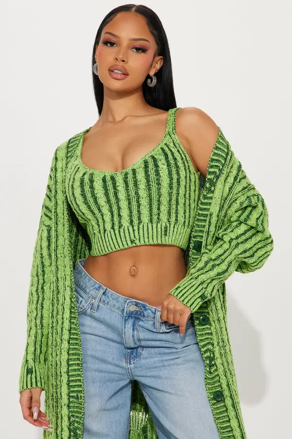 Casual And Cool Washed Cardigan Set - Green/combo