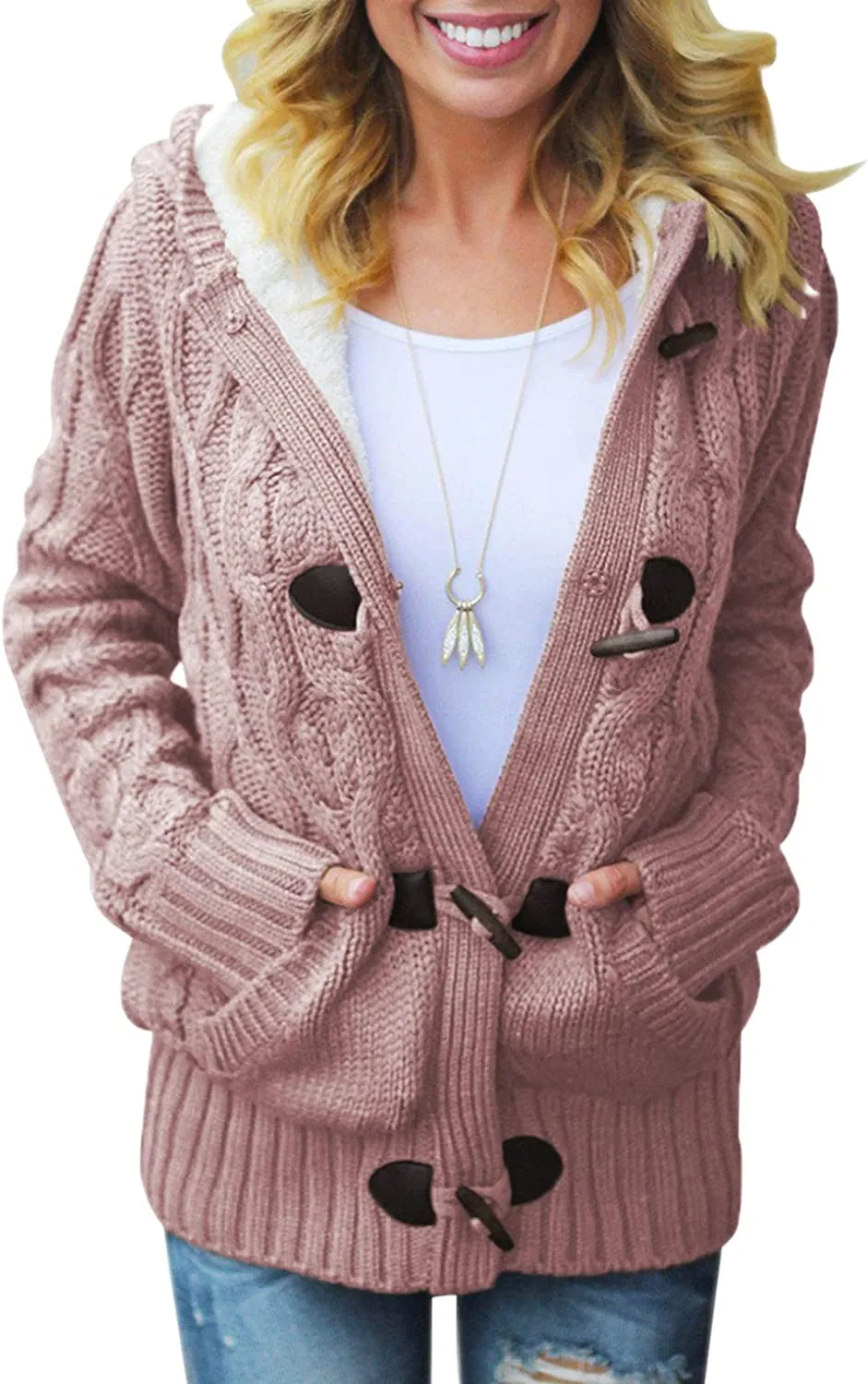 Womens Hooded Cardigans Button Up Cable Knit Sweater Coat Outerwear with Pockets