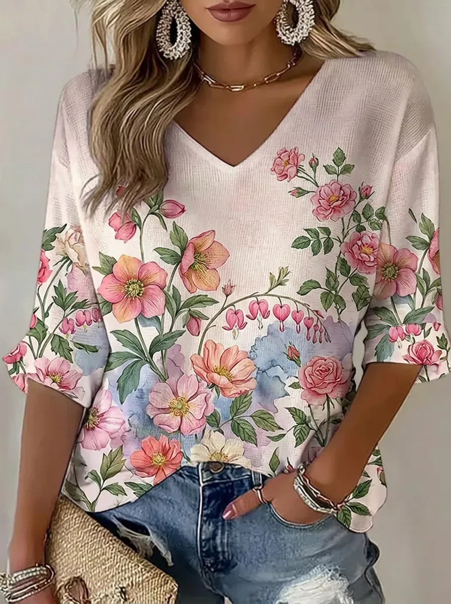 Women's Nashville Floral Botanical Printed V-neck Top